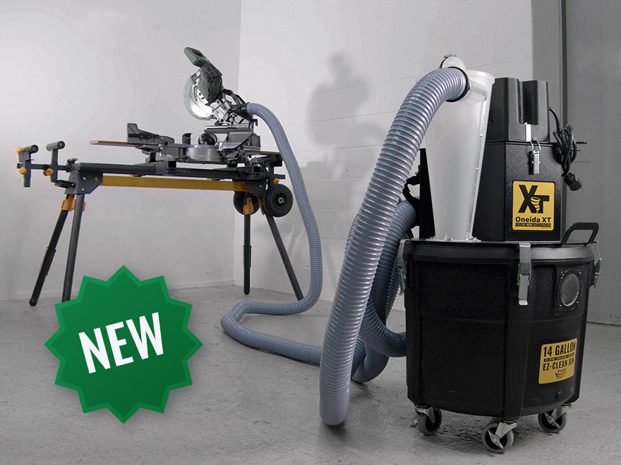 Oneida XT Dust Extractor connected to miter saw with 25 feet of vacuum hose