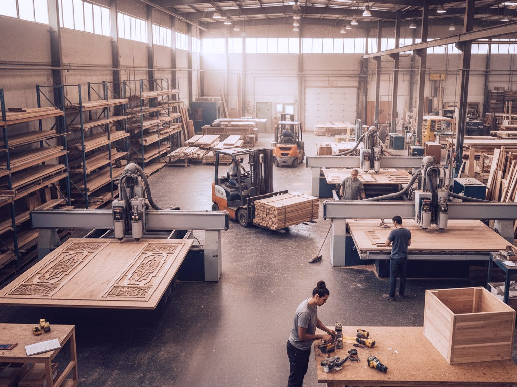 Large CNC Woodshop with forklifts moving lumber around