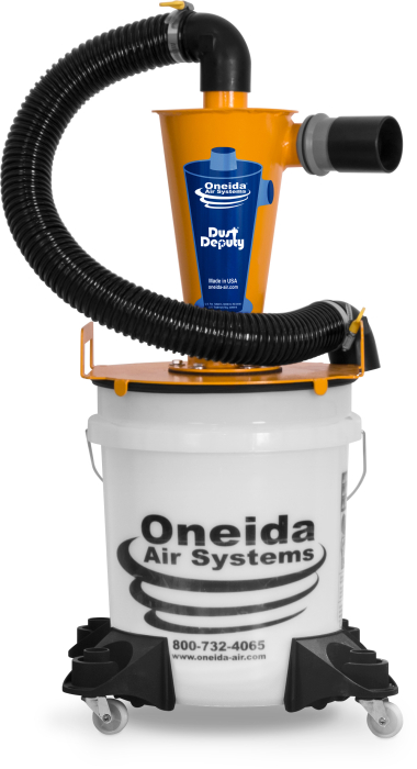 Fully assembled front view of the 5-Gallon Deluxe Heavy-Duty Dust Deputy Cyclonic Pre-Separator Kit