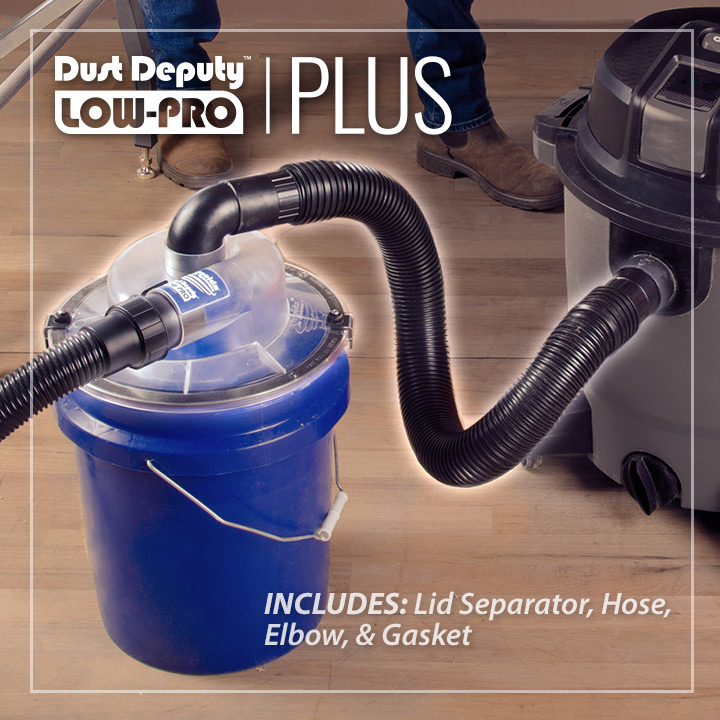 Dust Deputy Low-Pro Plus kit connected to vacuum under workbench