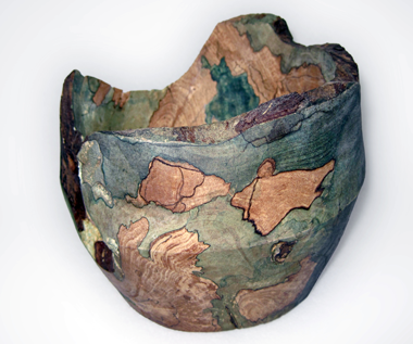 Broken Pottery - Oregon maple spalted with dead man’s finger (Xylaria polymorpha) and elf’s cup (Chlorociboria spp.). By Seri Robinson.