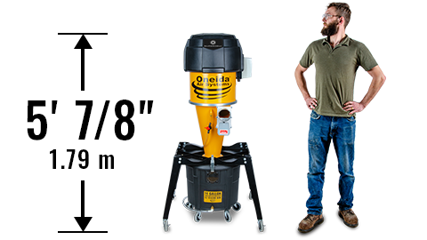 Man standing next to 14-gallon freestanding Supercell dust collector, illustrating it's compact height of under 6ft.