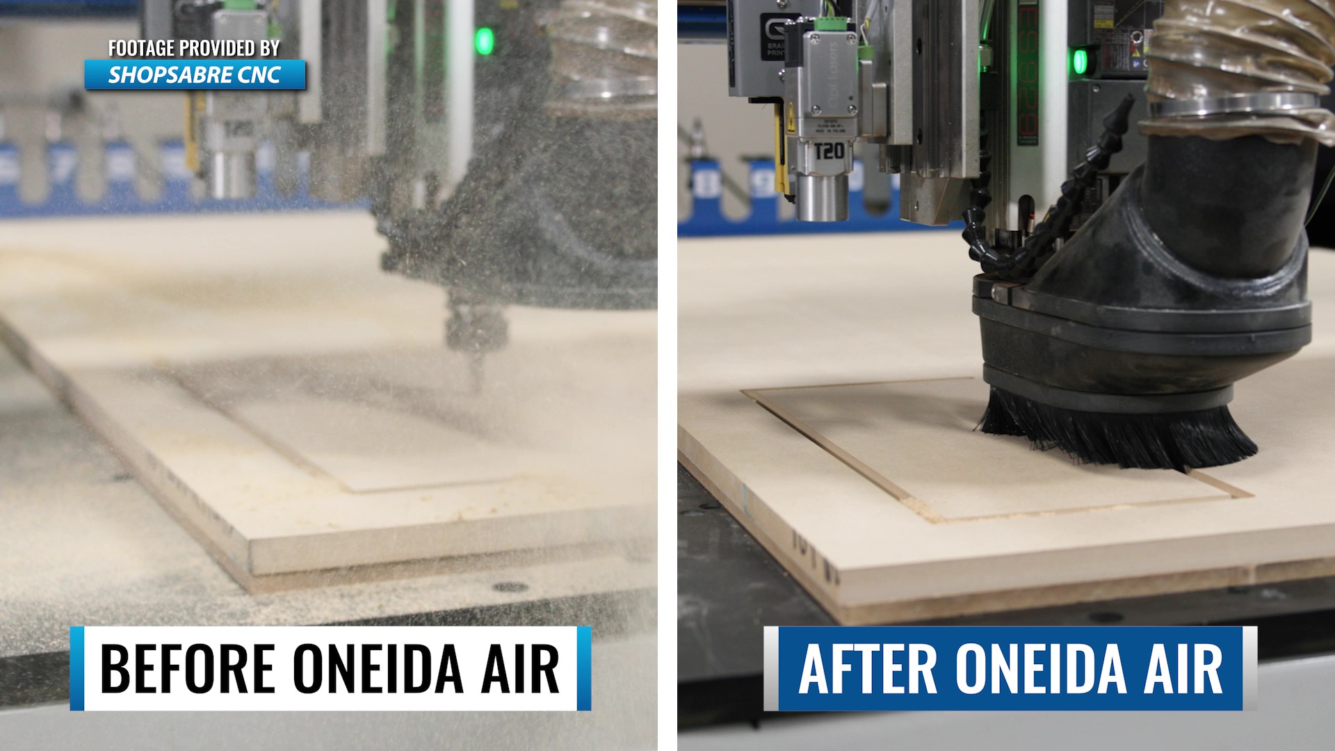 CNC bit with dust before Oneida Air systems vs. clear CNC bit after Oneida Air Systems